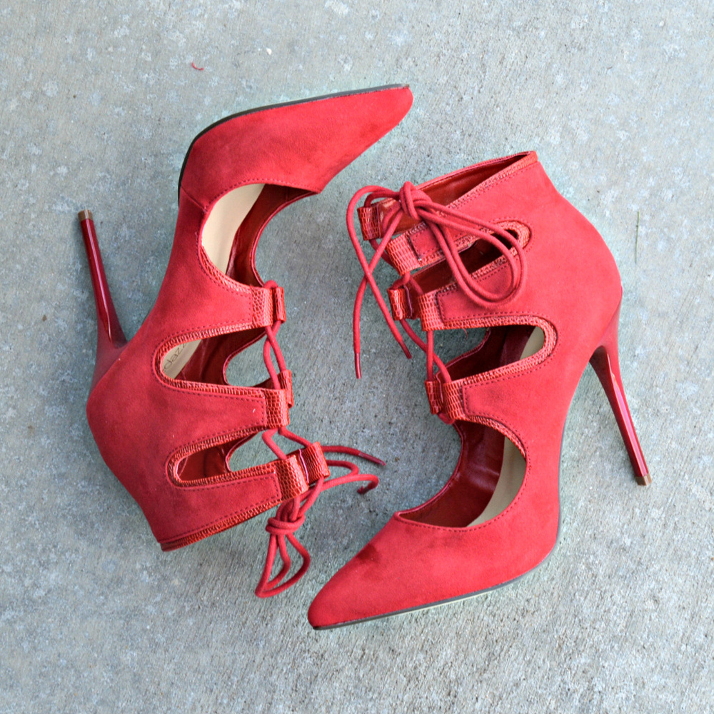 Shoedazzle Party Dress Pointed Toe Lace Up Cut Out Red Booties Stiletto Heels - Picture 4 of 7